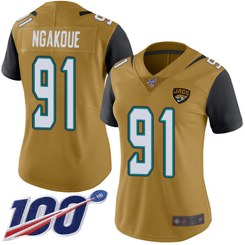 Nike Jacksonville Jaguars 91 Yannick Ngakoue Gold Women Stitched NFL Limited Rush 100th Season Jersey